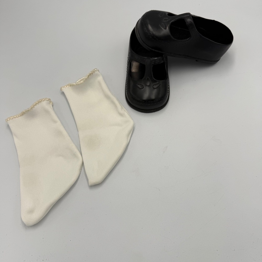 Vtg Black T Strap‎ Doll Shoes & Socks Made in Hong Kong | Mid-Size Vinyl Fit